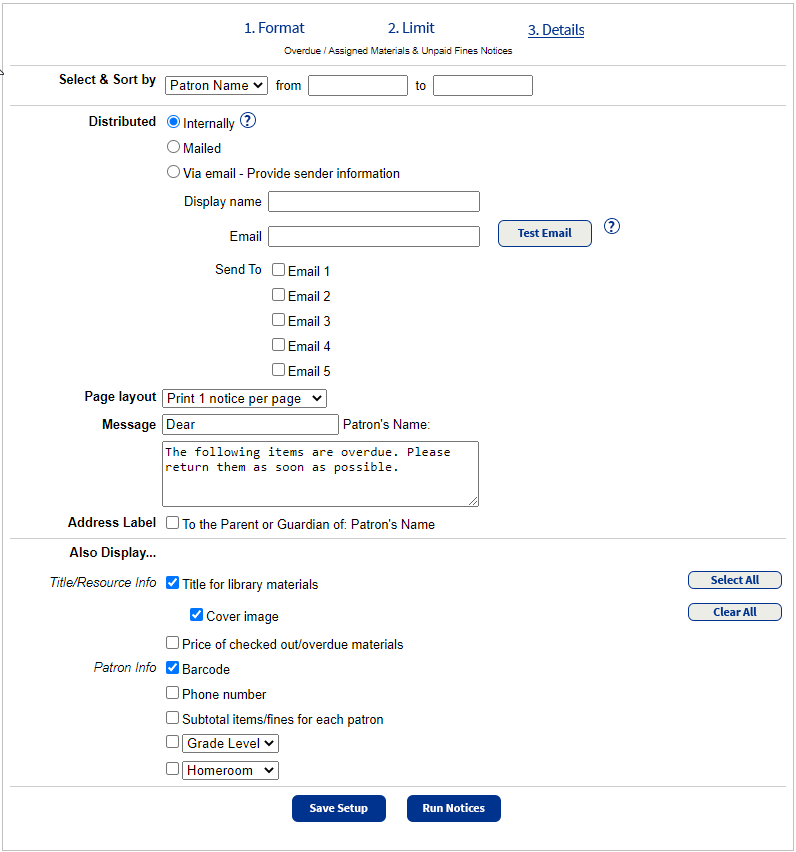 Step 3 of Current Checkout Fines Report showing email option with notices selected.